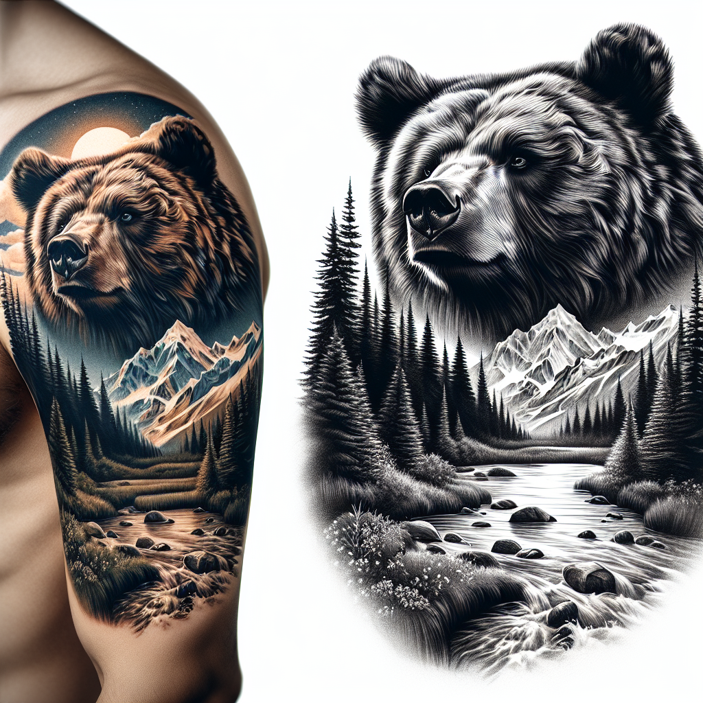 Bear with Mountain Landscape Tattoo Design