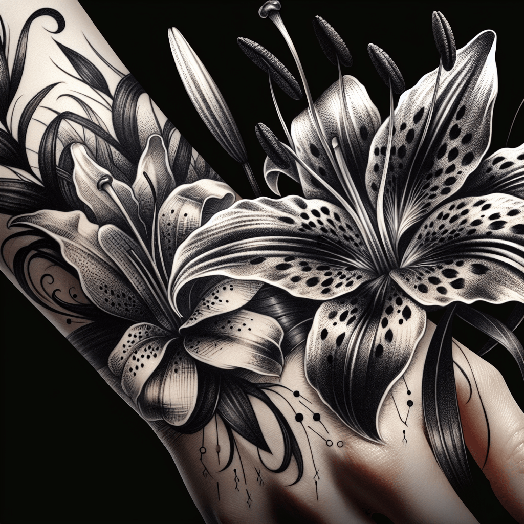 Black and Gray Tiger Lily Tattoo