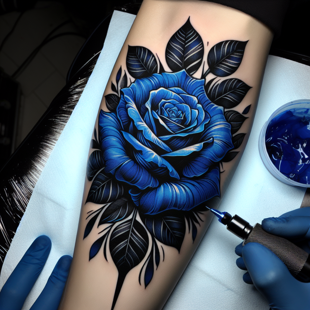 Blackwork Blue Rose Tattoo