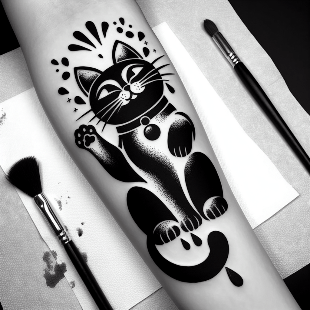 Blackwork Lucky Cat Tattoo