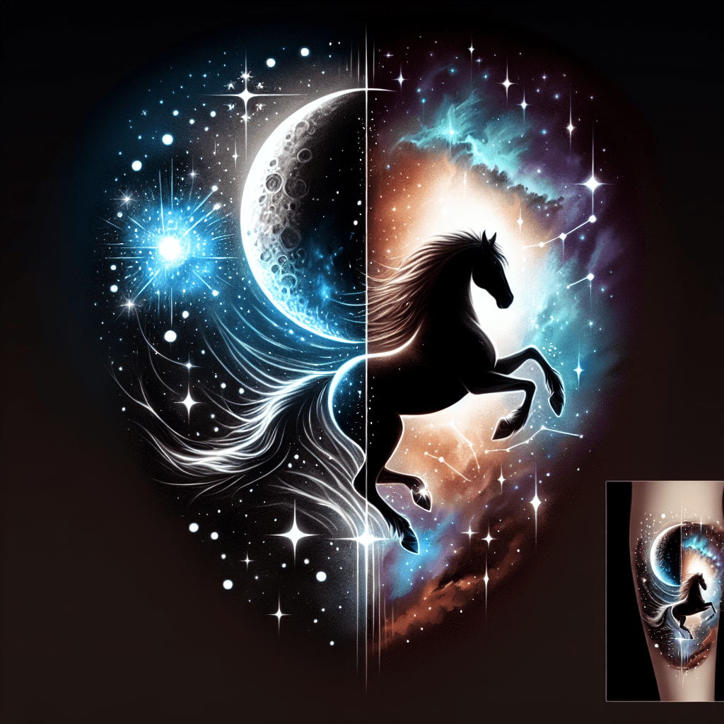 Celestial Shadow Tattoo - A dark horse silhouetted against a radiant moon or sparkling constellation