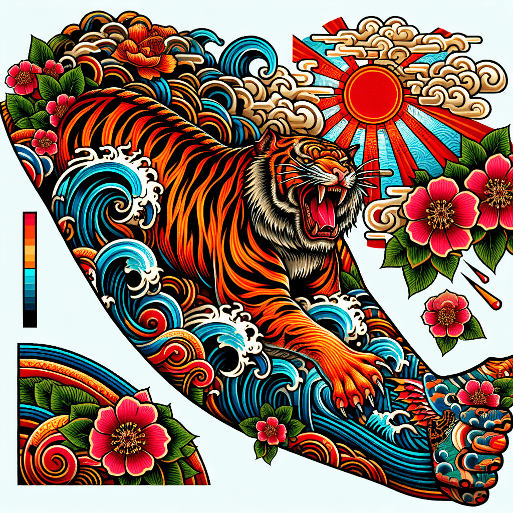 colorful japanese tiger sleeve tattoo