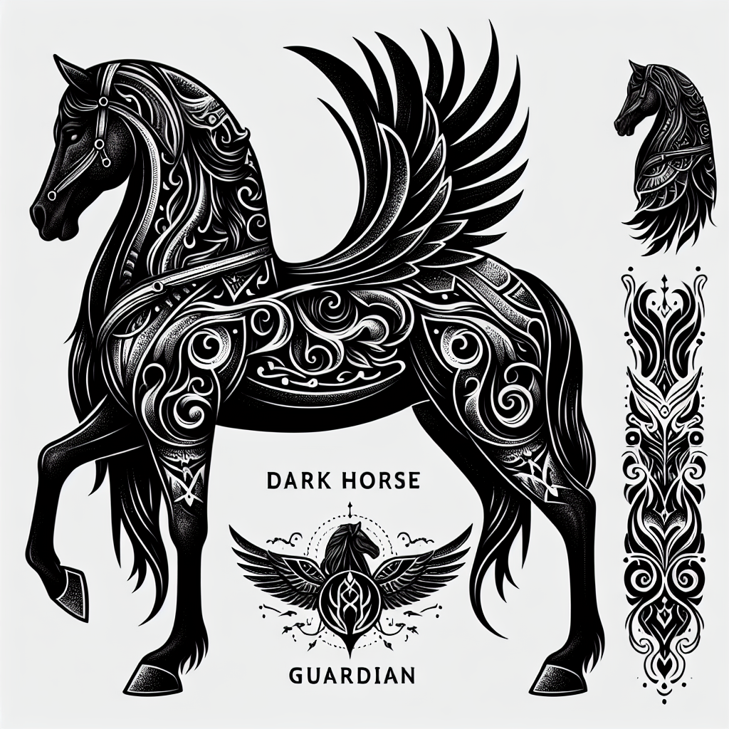 Dark Horse Guardian Tattoo - A black horse with ornate armor or intricate tribal patterns on its mane