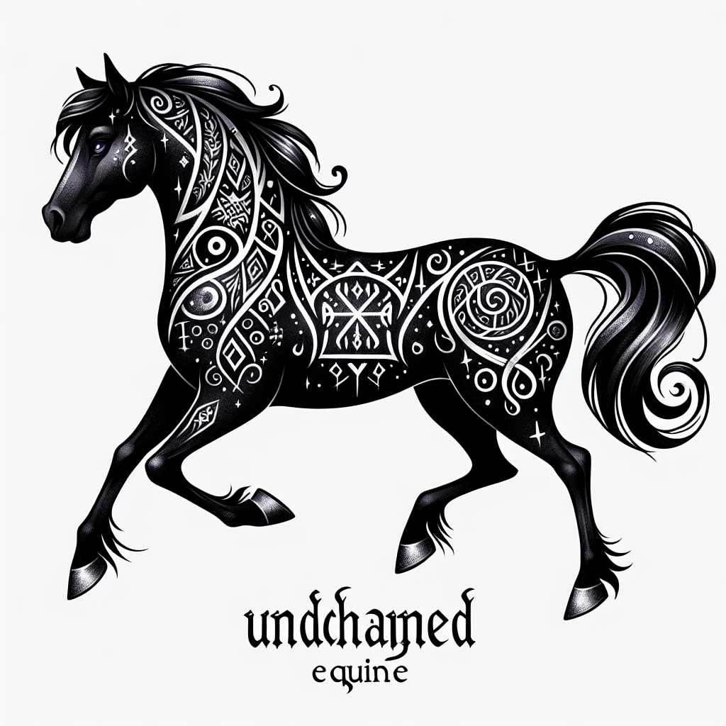 Enchanted Equine Tattoo - A black horse adorned with runic symbols