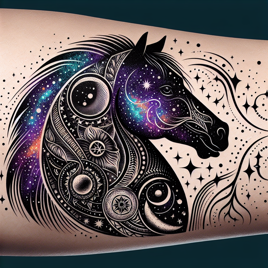 Galactic Night Trot Tattoo - A black horse adorned with a galaxy-inspired pattern