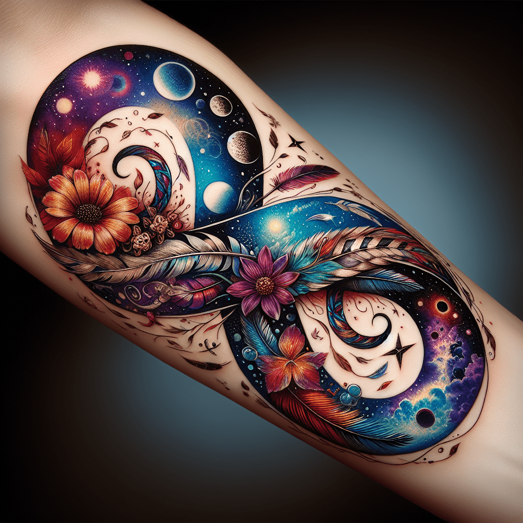 Image of the Infinity of Existence Tattoo - an infinity symbol intertwined with elements representing life and death