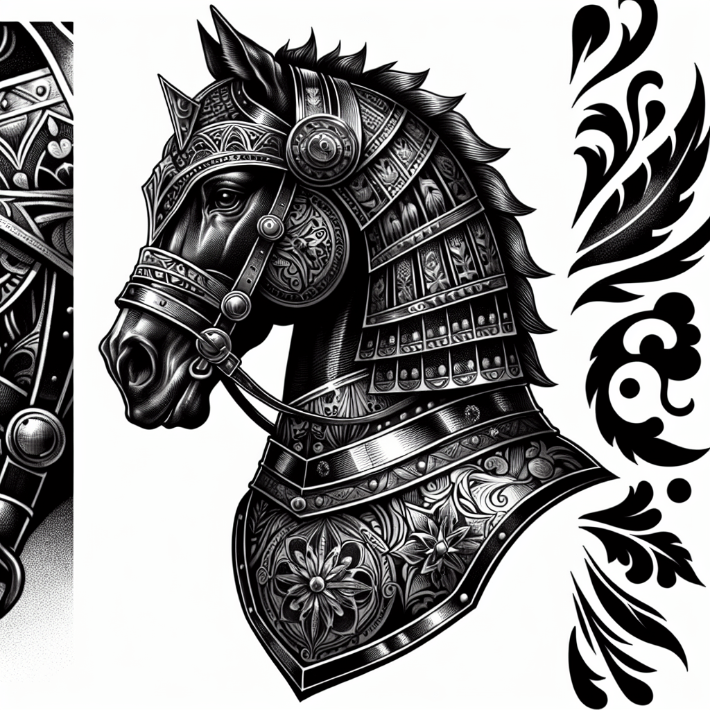 Medieval Majesty Tattoo - A black horse with regal armor or medieval-inspired patterns