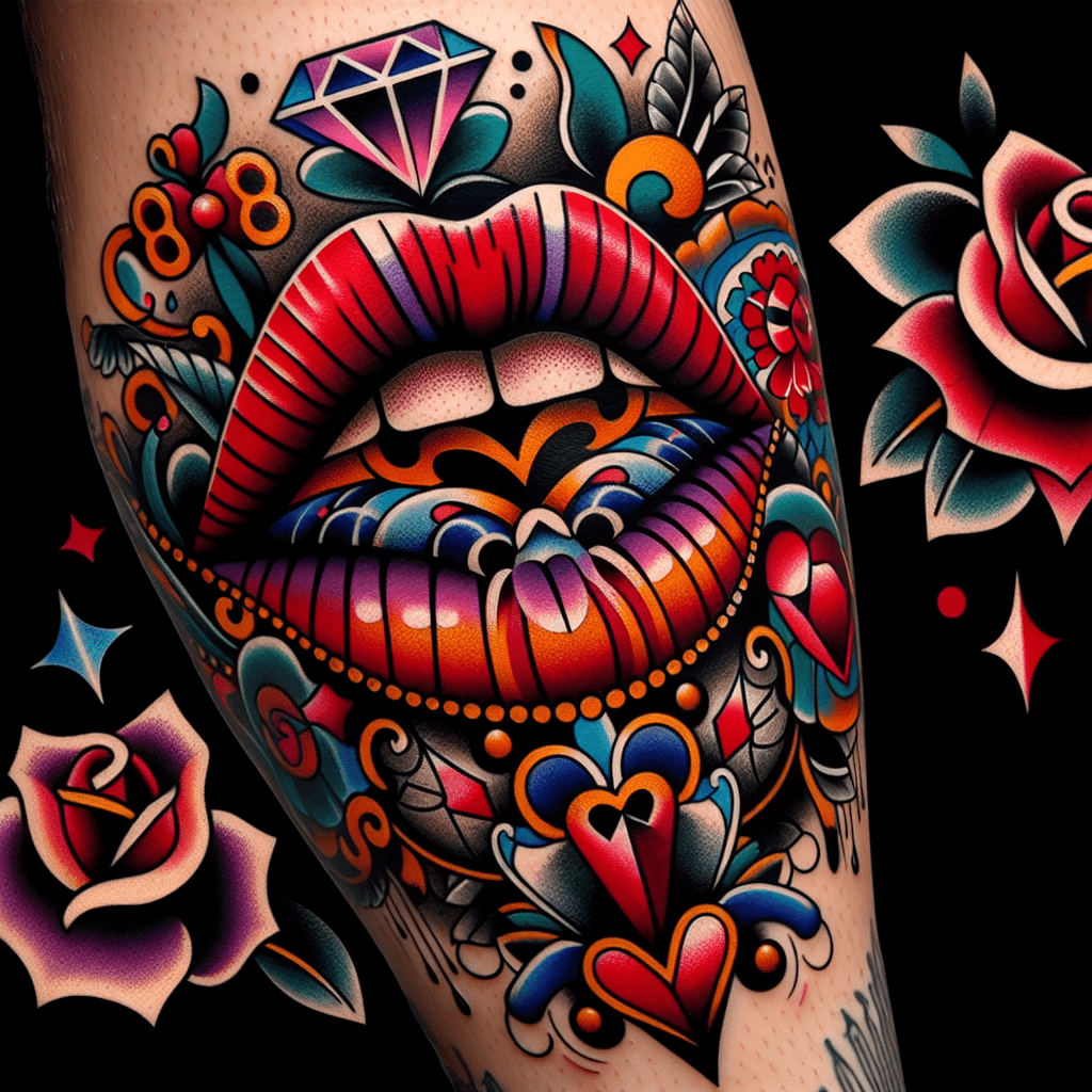 neotraditional lips tattoo