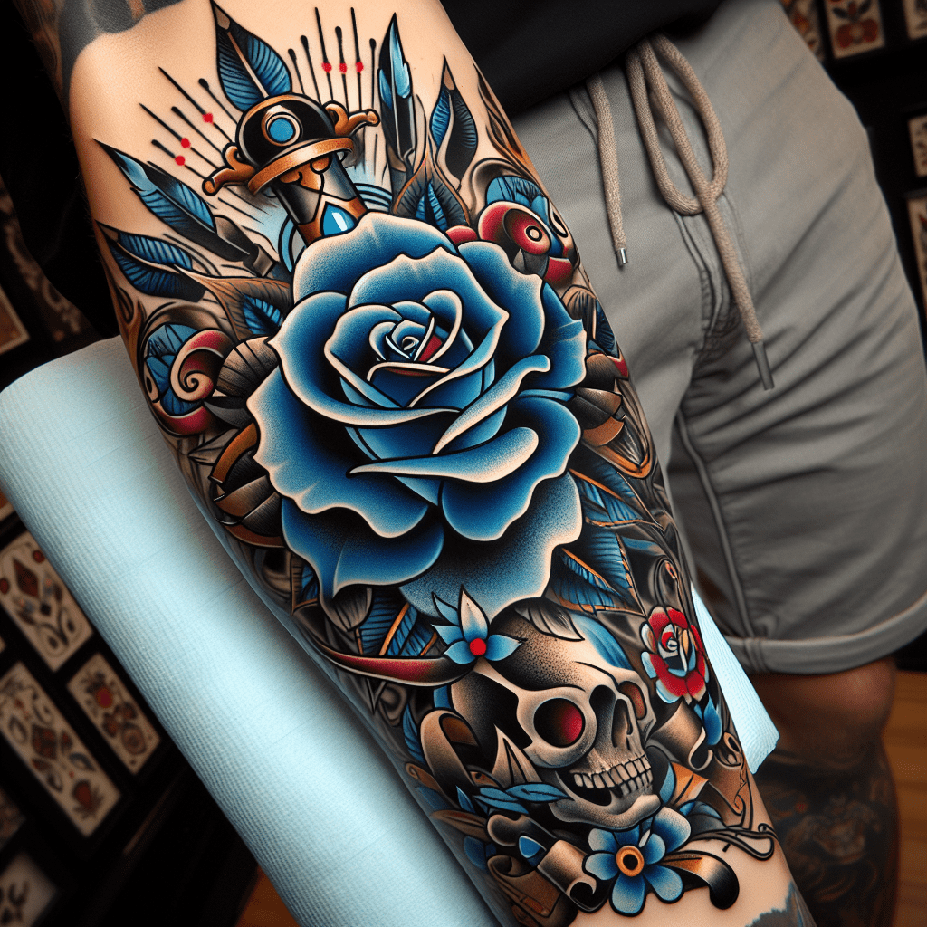 Neo-Tradtional Blue Rose Tattoo