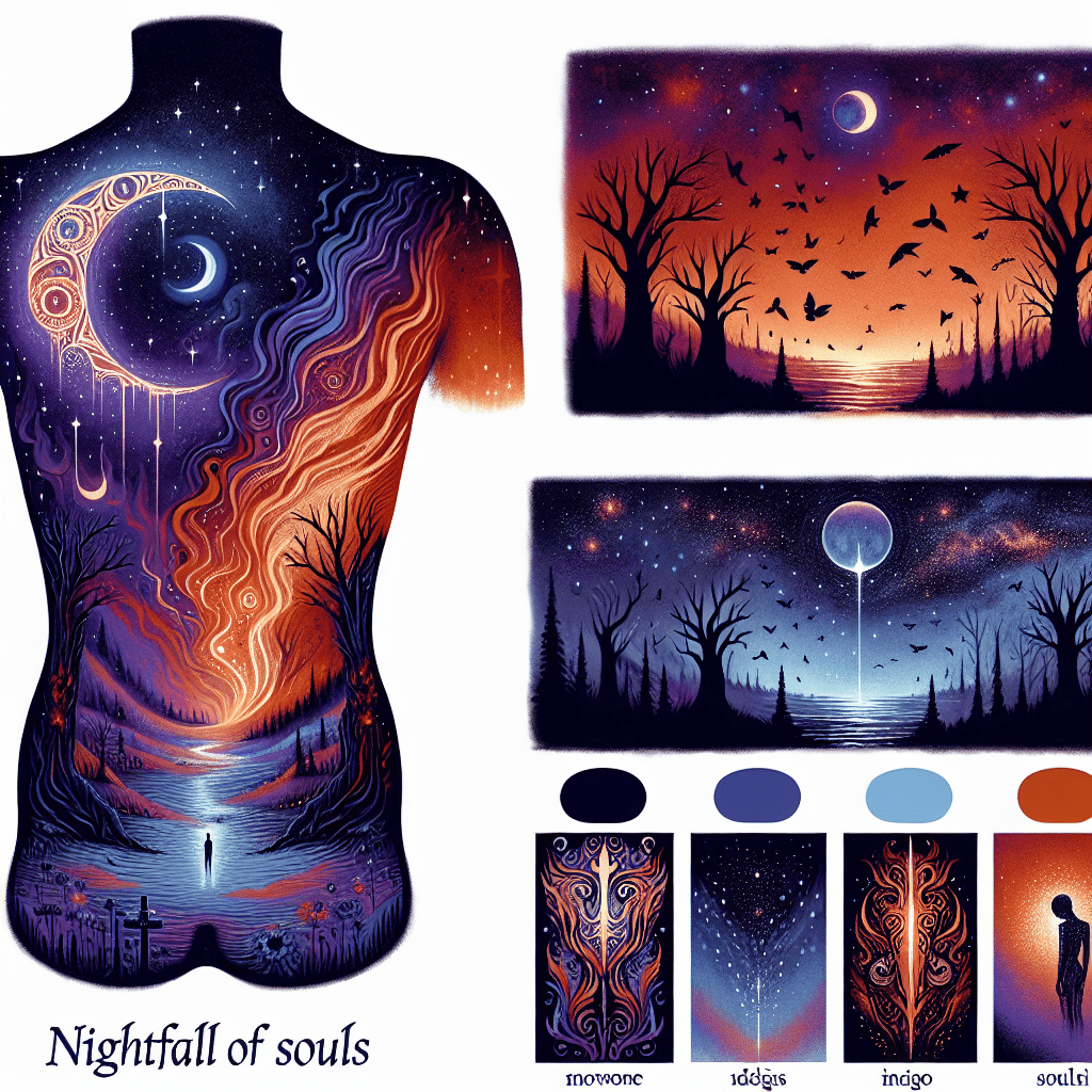 Image of the Nightfall of Souls Tattoo - an enchanting landscape transitioning into a star-studded night sky