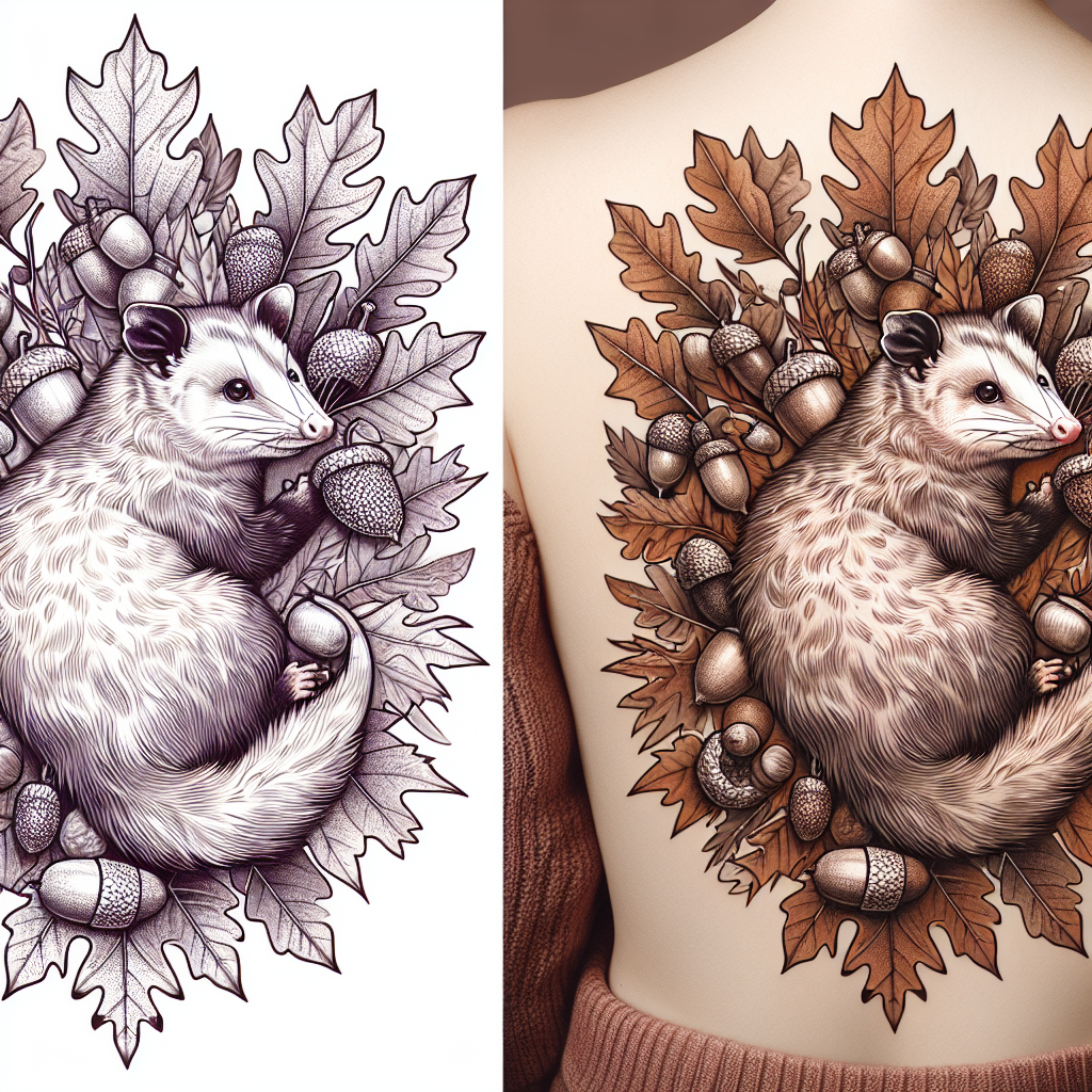 Possum and Acorns Back Tattoo