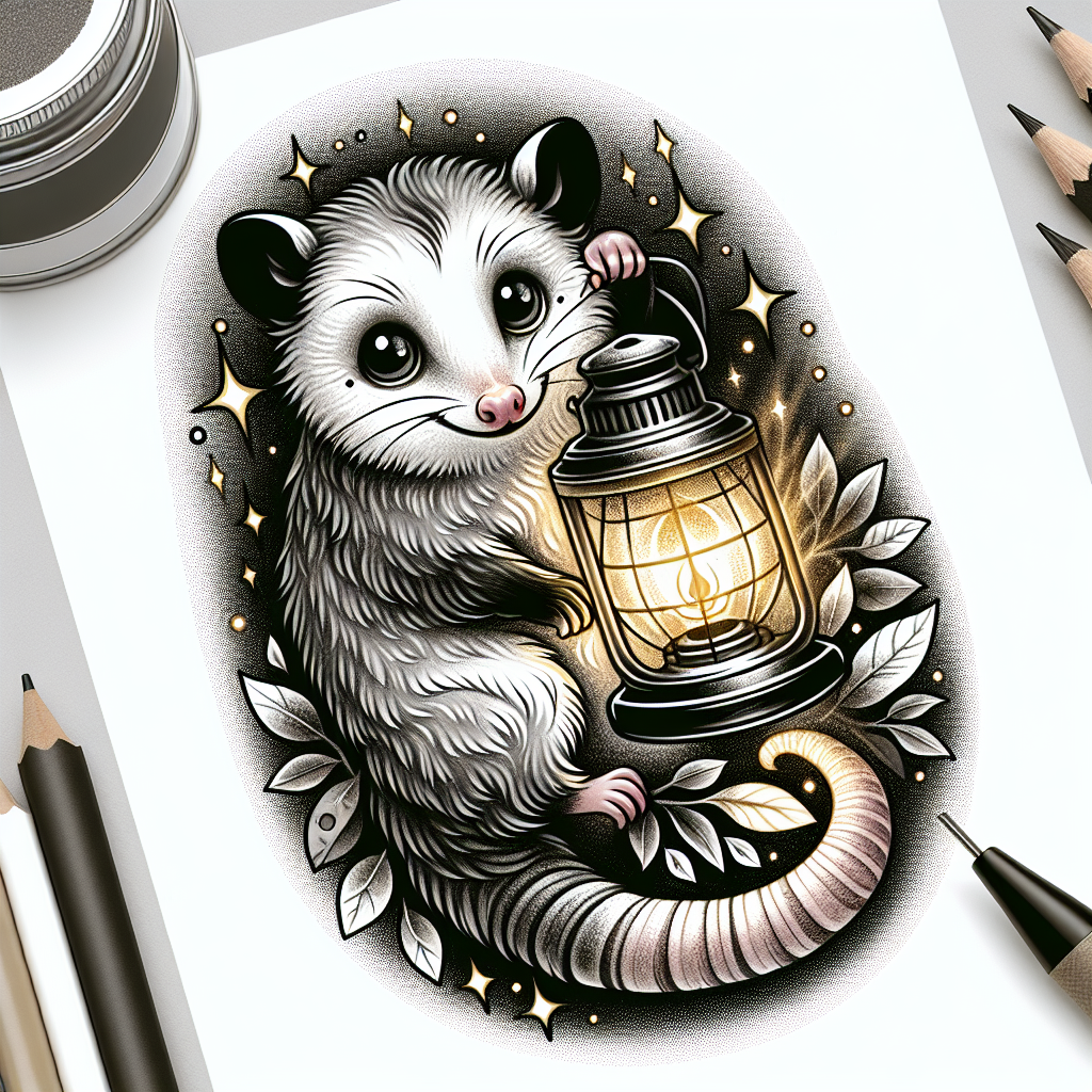 possum holding a lantern tattoo