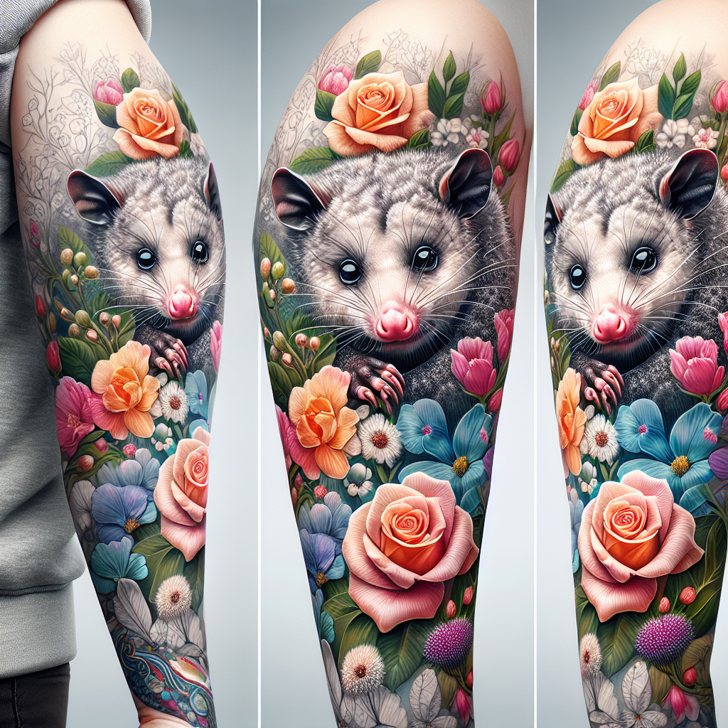 Possum in Flowers Sleeve Tattoo