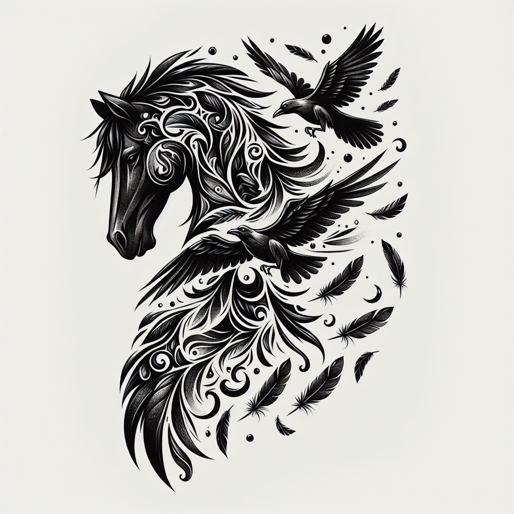 Raven's Steed Tattoo - A black horse with swirling raven feathers