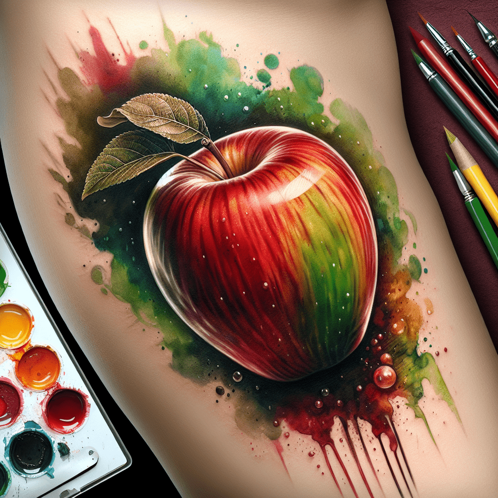 Realistic Apple with Watercolor Background Tattoo