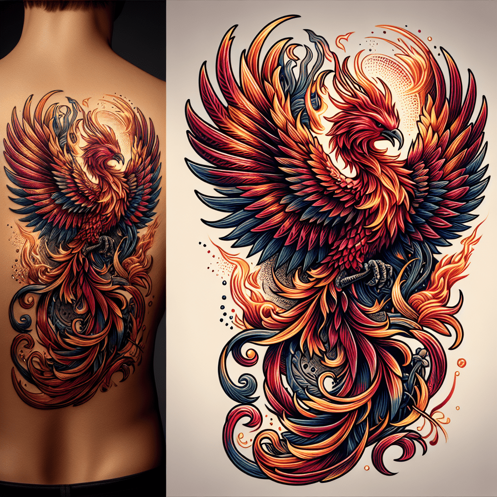 Image of the Phoenix Rebirth Tattoo - a majestic phoenix rising from the ashes