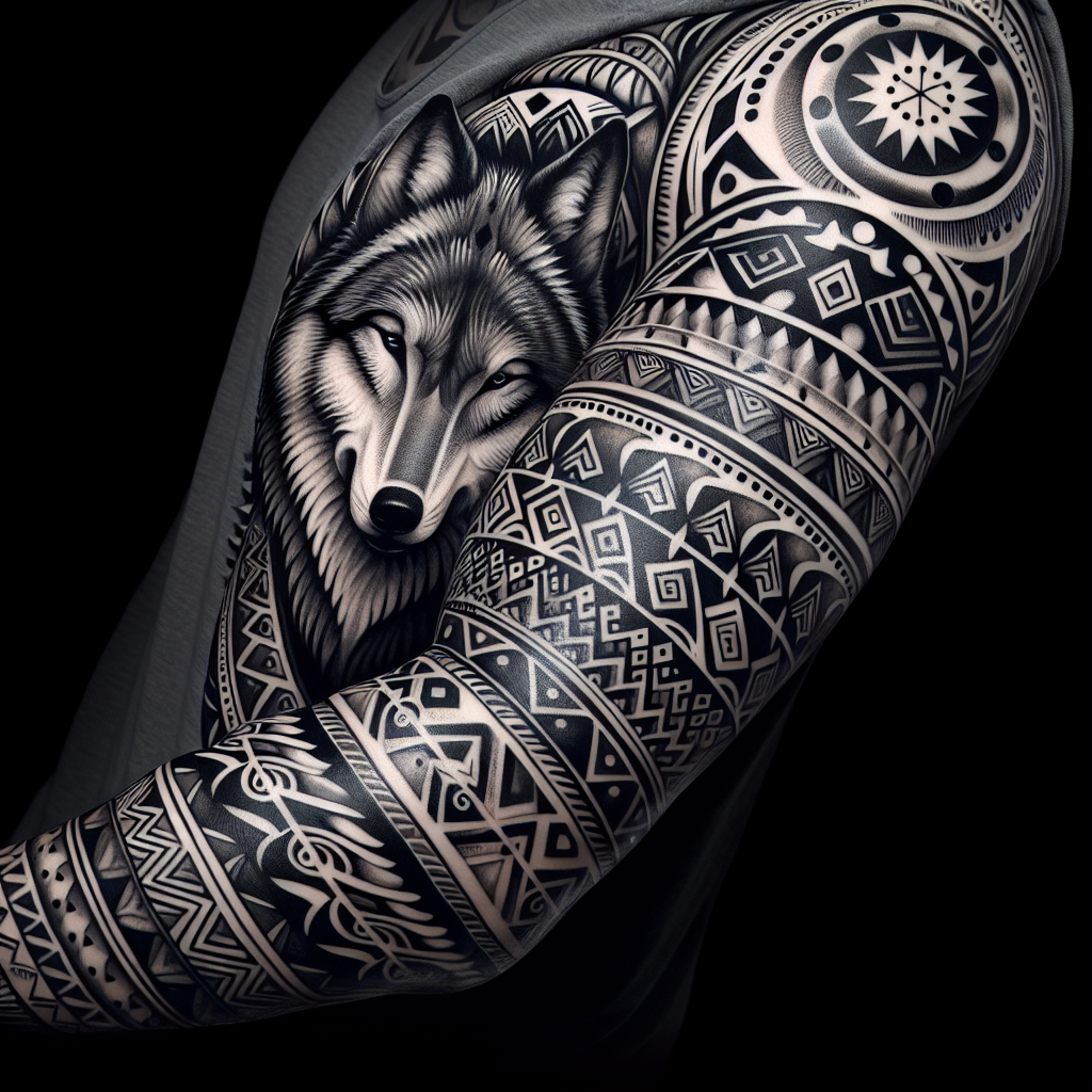 Tribal Wolf Sleeve Tattoo