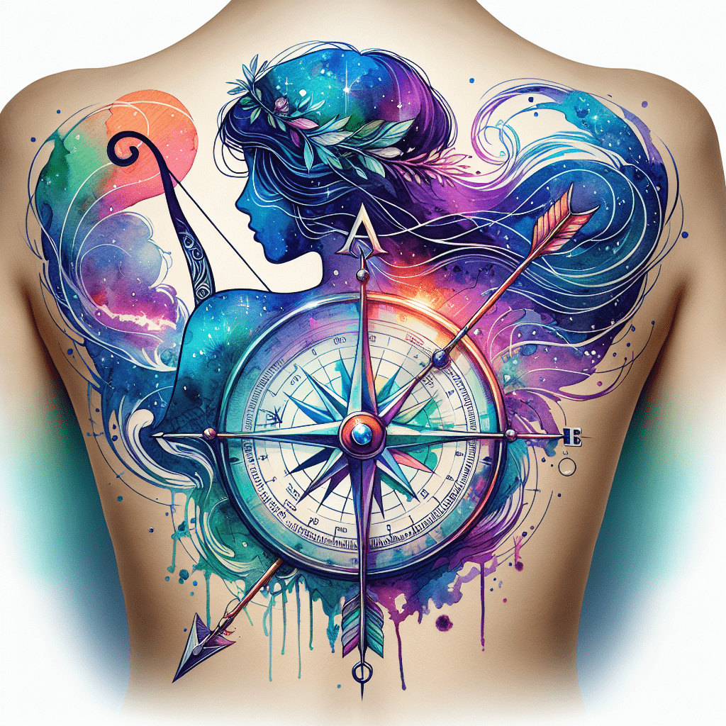 watercolor artemis compass tattoo