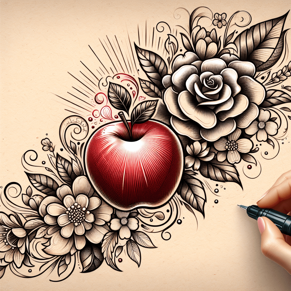 Whimsical Apple with Floral Elements Tattoo