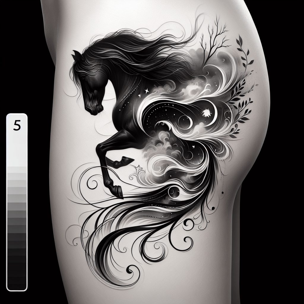 Whispering Shadows Tattoo - A black horse partially shrouded in swirling shadows